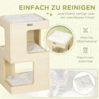 Eichenfarbene 3-stufige Katzenhöhle mit Kissen und Spielzeug, bietet Komfort und Unterhaltung.
