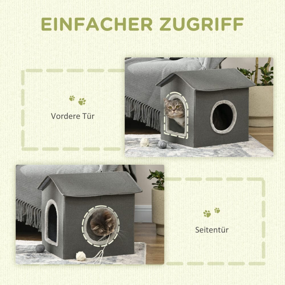 Graue Katzenhöhle in Hausform mit bequemem Kissen und zwei Türen, bietet einen gemütlichen Rückzugsort für Katzen.