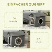 Graue Katzenhöhle in Hausform mit bequemem Kissen und zwei Türen, bietet einen gemütlichen Rückzugsort für Katzen.