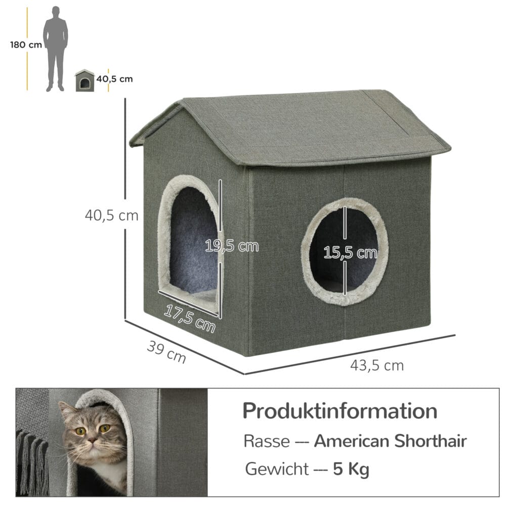 Graue Katzenhöhle in Hausform mit bequemem Kissen und zwei Türen, bietet einen gemütlichen Rückzugsort für Katzen.