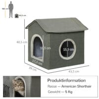Graue Katzenhöhle in Hausform mit bequemem Kissen und zwei Türen, bietet einen gemütlichen Rückzugsort für Katzen.