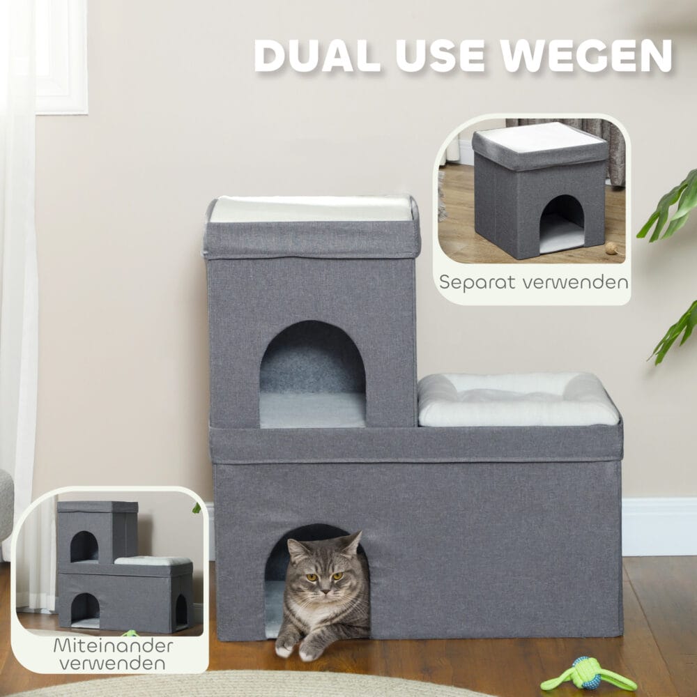 Graue Katzenhöhle mit Kissen, 3 Ebenen, für Katzen bis 5kg, bietet mehrere gemütliche Rückzugsorte.