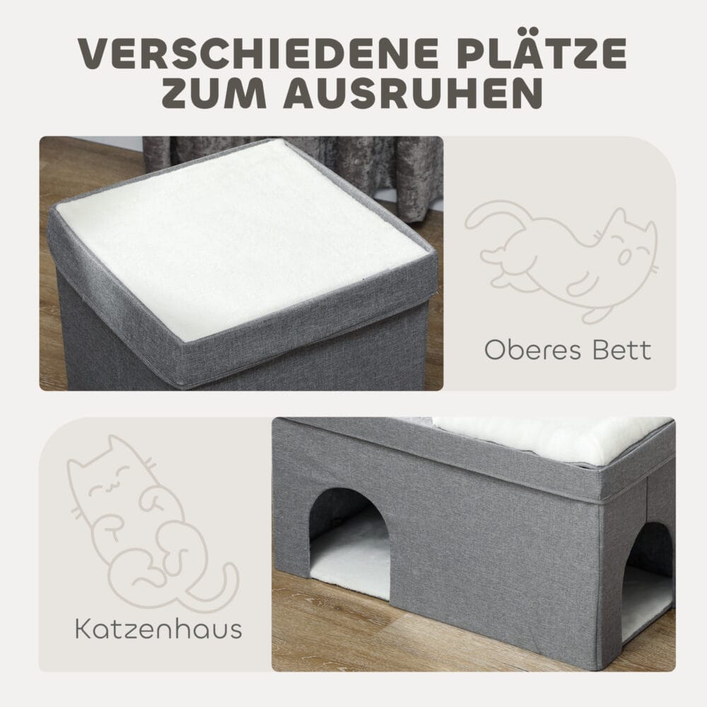 Graue Katzenhöhle mit Kissen, 3 Ebenen, für Katzen bis 5kg, bietet mehrere gemütliche Rückzugsorte.