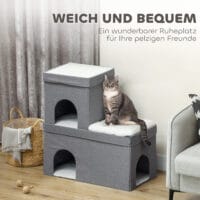 Graue Katzenhöhle mit Kissen, 3 Ebenen, für Katzen bis 5kg, bietet mehrere gemütliche Rückzugsorte.