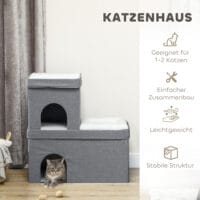 Graue Katzenhöhle mit Kissen, 3 Ebenen, für Katzen bis 5kg, bietet mehrere gemütliche Rückzugsorte.