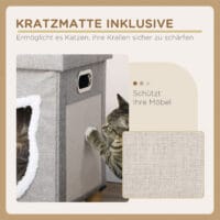 Graue Katzenhöhle mit Kissen, Kratzmatte und Spielball, bietet Komfort und Unterhaltung in einem.