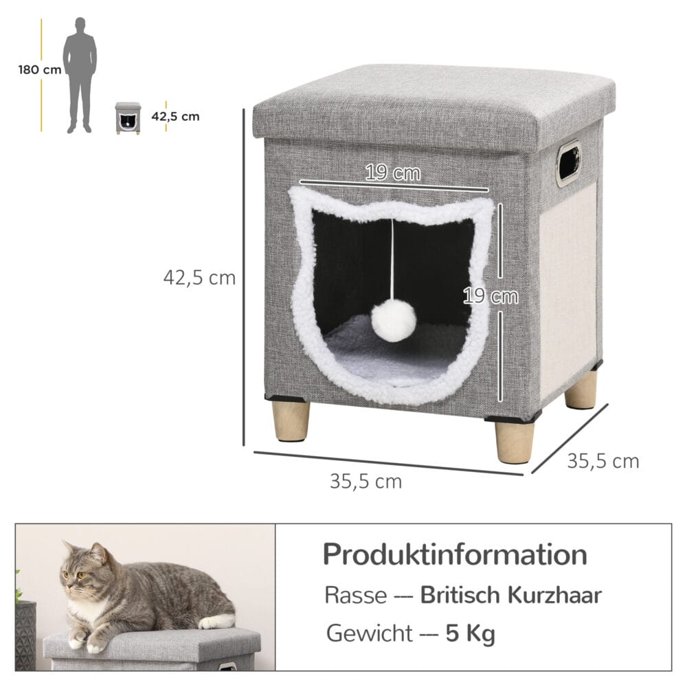 Graue Katzenhöhle mit Kissen, Kratzmatte und Spielball, bietet Komfort und Unterhaltung in einem.