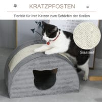 Graue Katzenhöhle mit integriertem Kratzbrett, bietet Rückzugsort und Möglichkeit zum Krallenwetzen.