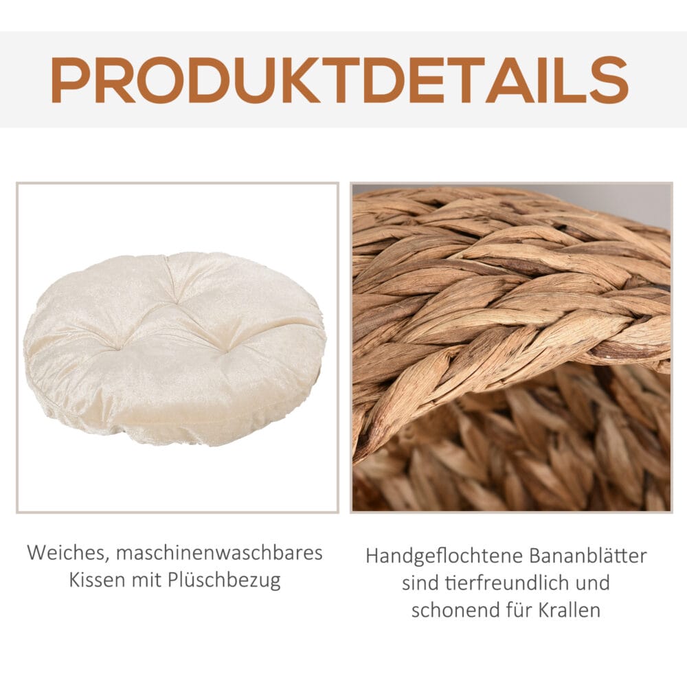 Hellbraune Katzenhöhle aus Rattan mit passendem Kissen aus Wasserhyazinthe, bietet einen gemütlichen und natürlichen Rückzugsort.
