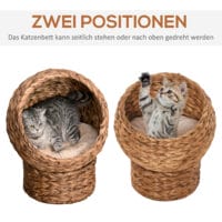 Hellbraune Katzenhöhle aus Rattan mit passendem Kissen aus Wasserhyazinthe, bietet einen gemütlichen und natürlichen Rückzugsort.