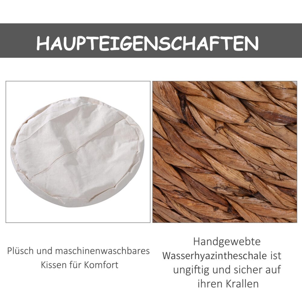 Hellbraune Katzenhöhle aus Rattan mit passendem Kissen aus Wasserhyazinthe, bietet einen gemütlichen und natürlichen Rückzugsort.