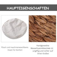 Hellbraune Katzenhöhle aus Rattan mit passendem Kissen aus Wasserhyazinthe, bietet einen gemütlichen und natürlichen Rückzugsort.