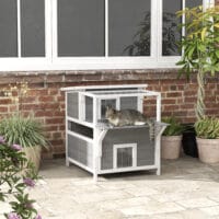 Hellgraue Katzenhöhle aus Tannenholz mit Balkon, für Katzen bis 5kg, ein erhöhter und gemütlicher Schlafplatz.