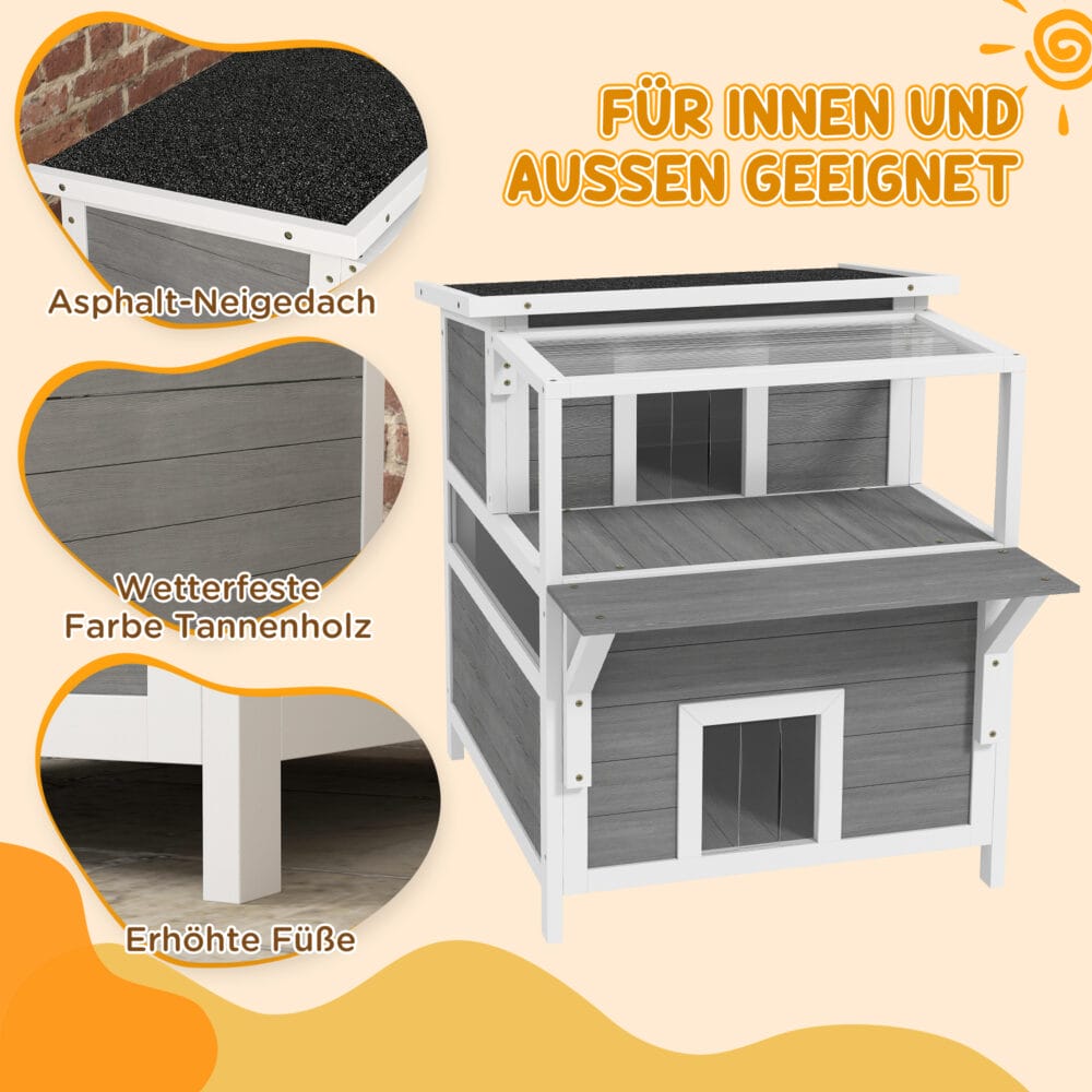 Hellgraue Katzenhöhle aus Tannenholz mit Balkon, für Katzen bis 5kg, ein erhöhter und gemütlicher Schlafplatz.