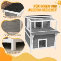 Hellgraue Katzenhöhle aus Tannenholz mit Balkon, für Katzen bis 5kg, ein erhöhter und gemütlicher Schlafplatz.
