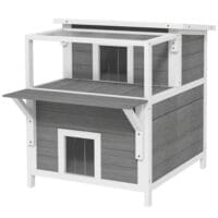 Hellgraue Katzenhöhle aus Tannenholz mit Balkon, für Katzen bis 5kg, ein erhöhter und gemütlicher Schlafplatz.