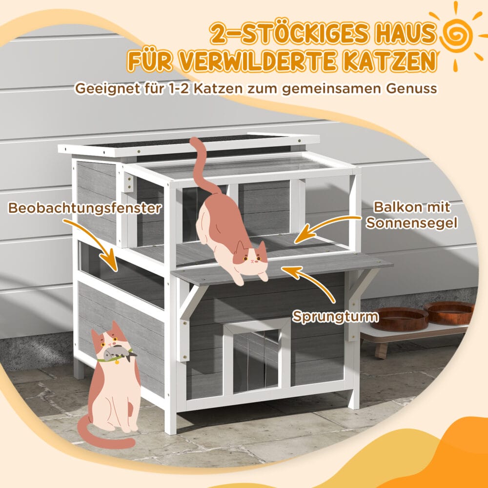 Hellgraue Katzenhöhle aus Tannenholz mit Balkon, für Katzen bis 5kg, ein erhöhter und gemütlicher Schlafplatz.