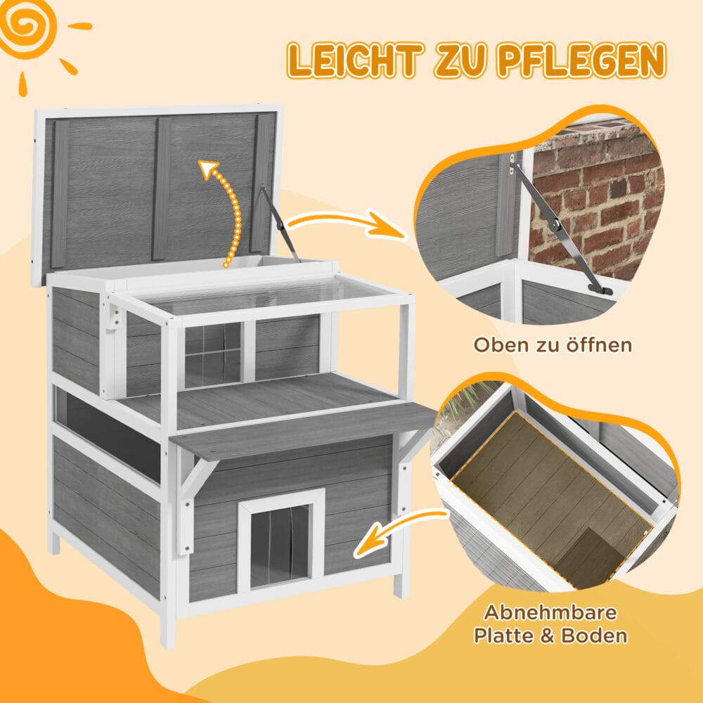 Hellgraue Katzenhöhle aus Tannenholz mit Balkon, für Katzen bis 5kg, ein erhöhter und gemütlicher Schlafplatz.