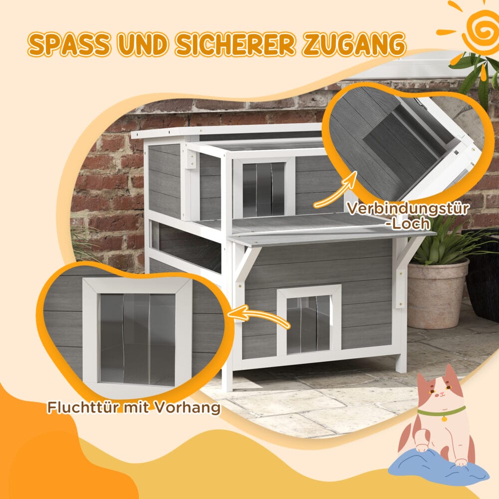 Hellgraue Katzenhöhle aus Tannenholz mit Balkon, für Katzen bis 5kg, ein erhöhter und gemütlicher Schlafplatz.