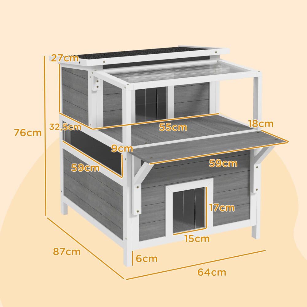 Hellgraue Katzenhöhle aus Tannenholz mit Balkon, für Katzen bis 5kg, ein erhöhter und gemütlicher Schlafplatz.