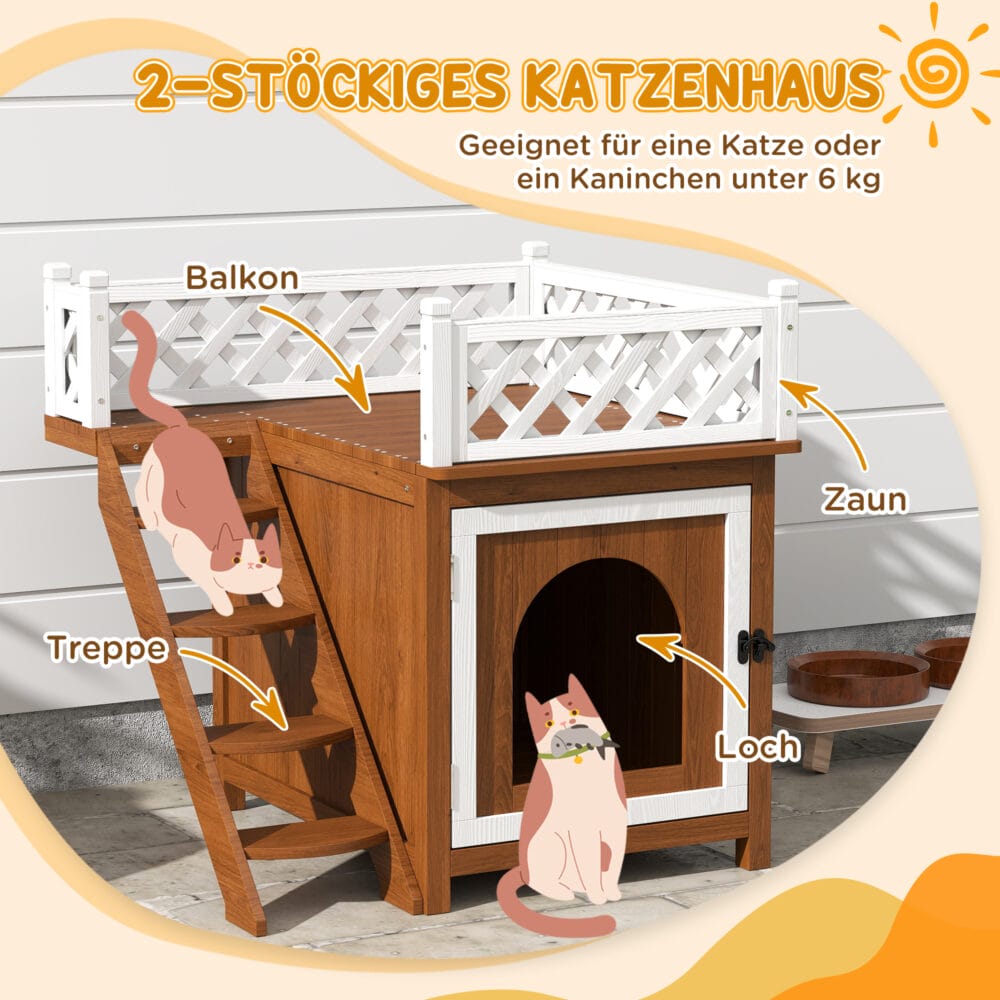 Braune Katzenhöhle aus Tannenholz mit Balkon und Treppe, für Katzen bis 6kg, bietet Komfort und Kletterspass.
