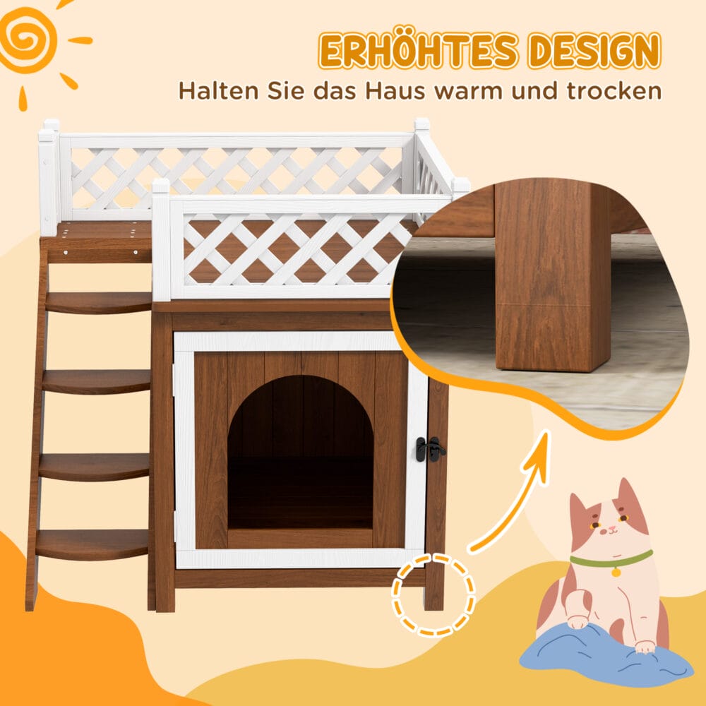 Braune Katzenhöhle aus Tannenholz mit Balkon und Treppe, für Katzen bis 6kg, bietet Komfort und Kletterspass.