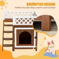 Braune Katzenhöhle aus Tannenholz mit Balkon und Treppe, für Katzen bis 6kg, bietet Komfort und Kletterspass.