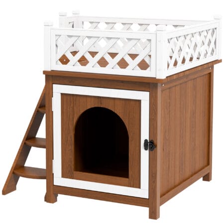Braune Katzenhöhle aus Tannenholz mit Balkon und Treppe, für Katzen bis 6kg, bietet Komfort und Kletterspass.