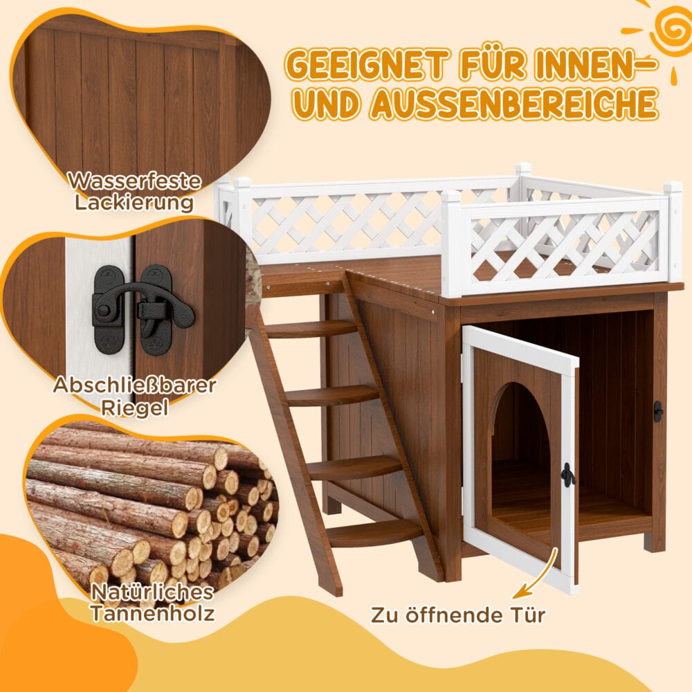 Braune Katzenhöhle aus Tannenholz mit Balkon und Treppe, für Katzen bis 6kg, bietet Komfort und Kletterspass.