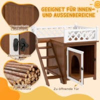 Braune Katzenhöhle aus Tannenholz mit Balkon und Treppe, für Katzen bis 6kg, bietet Komfort und Kletterspass.