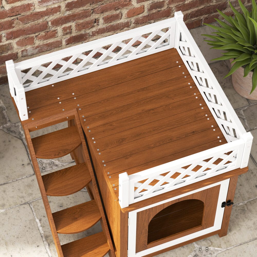 Braune Katzenhöhle aus Tannenholz mit Balkon und Treppe, für Katzen bis 6kg, bietet Komfort und Kletterspass.
