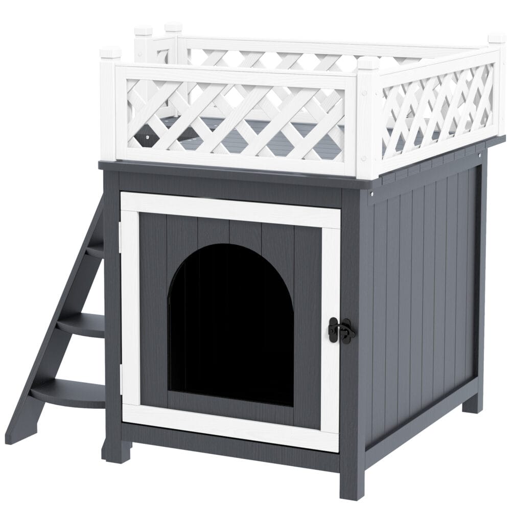 Graue Katzenhöhle aus Tannenholz mit Balkon und Treppe, für Katzen bis 6kg, eine stilvolle und funktionale Behausung.