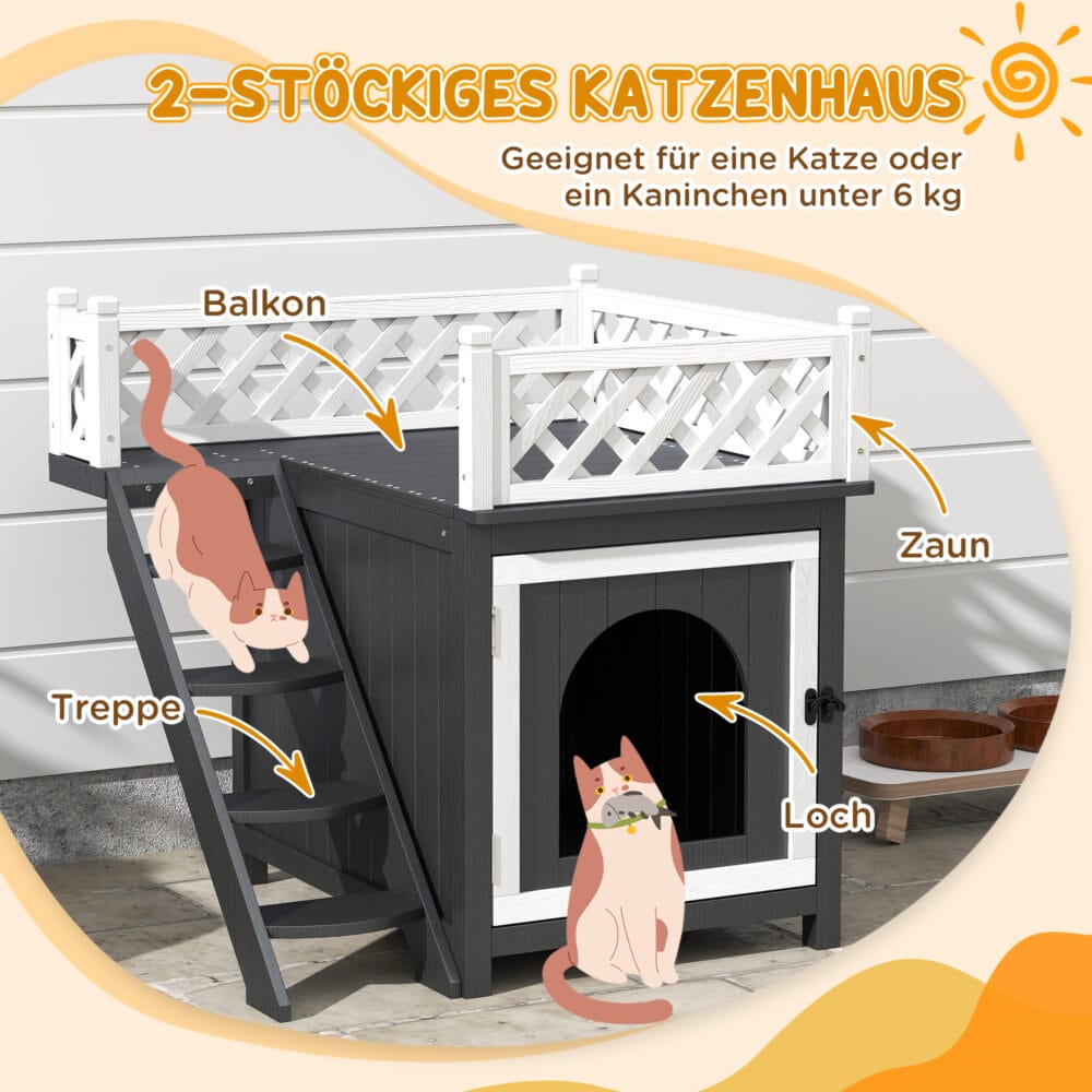 Graue Katzenhöhle aus Tannenholz mit Balkon und Treppe, für Katzen bis 6kg, eine stilvolle und funktionale Behausung.