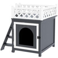 Graue Katzenhöhle aus Tannenholz mit Balkon und Treppe, für Katzen bis 6kg, eine stilvolle und funktionale Behausung.