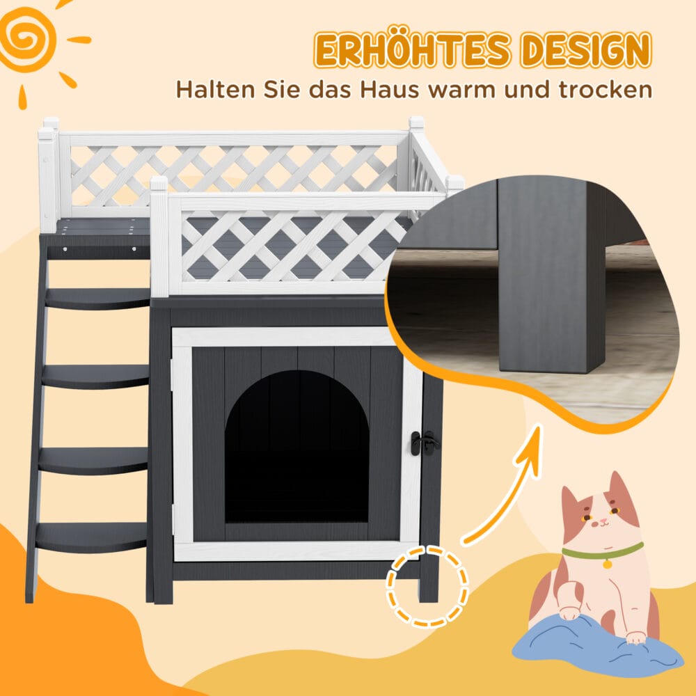 Graue Katzenhöhle aus Tannenholz mit Balkon und Treppe, für Katzen bis 6kg, eine stilvolle und funktionale Behausung.