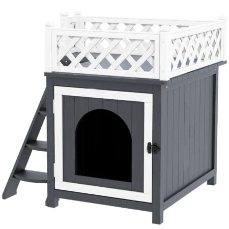 Graue Katzenhöhle aus Tannenholz mit Balkon und Treppe, für Katzen bis 6kg, eine stilvolle und funktionale Behausung.