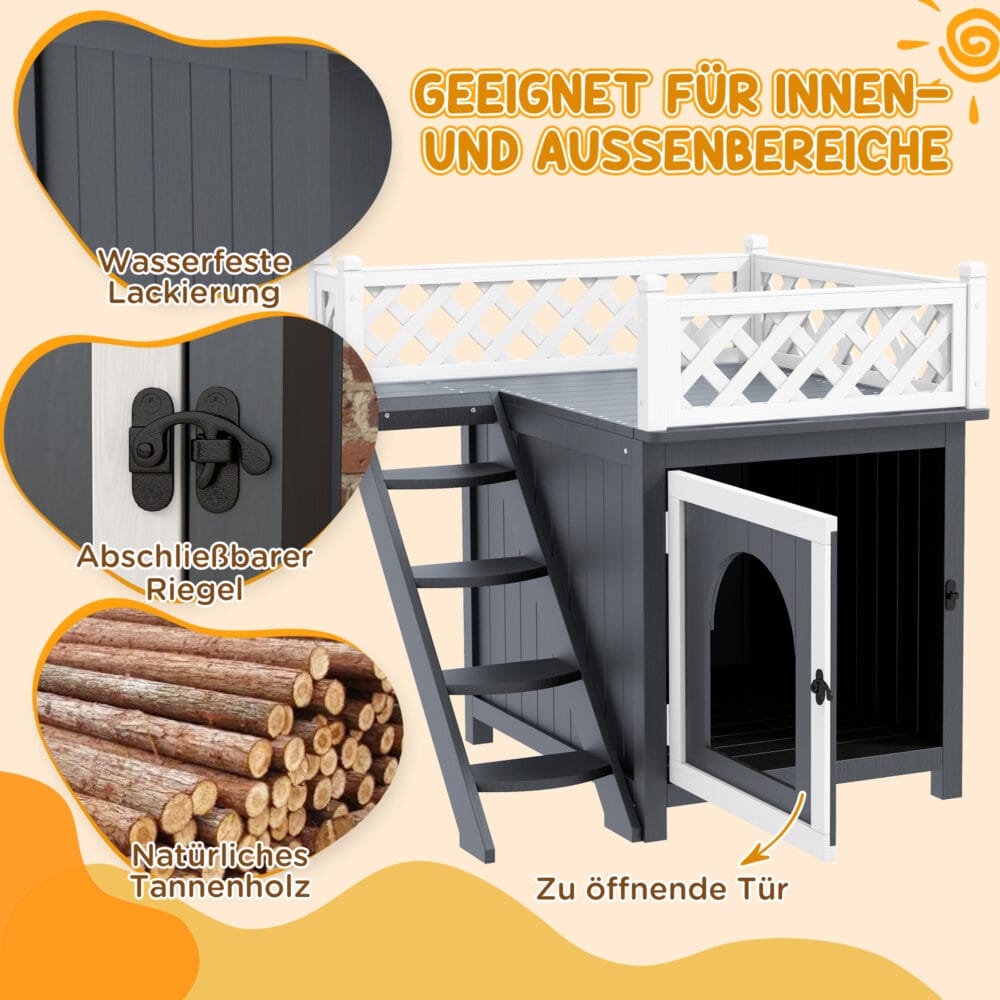 Graue Katzenhöhle aus Tannenholz mit Balkon und Treppe, für Katzen bis 6kg, eine stilvolle und funktionale Behausung.