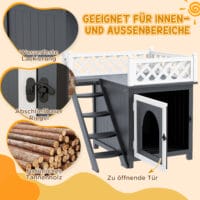 Graue Katzenhöhle aus Tannenholz mit Balkon und Treppe, für Katzen bis 6kg, eine stilvolle und funktionale Behausung.