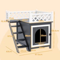 Graue Katzenhöhle aus Tannenholz mit Balkon und Treppe, für Katzen bis 6kg, eine stilvolle und funktionale Behausung.