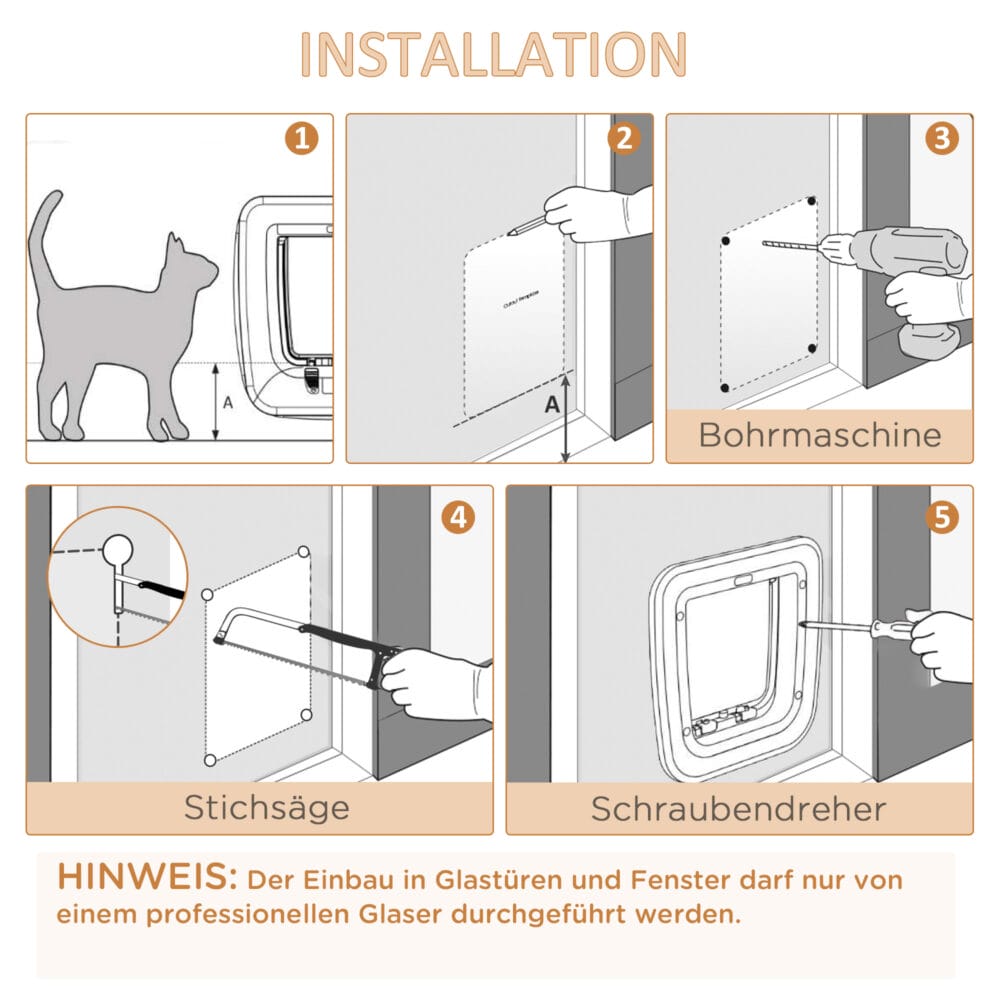 Katzenklappe mit 4 Verschlussoptionen und Magnetverschluss, ermöglicht Katzen freien Zugang und hält unerwünschte Tiere draussen.