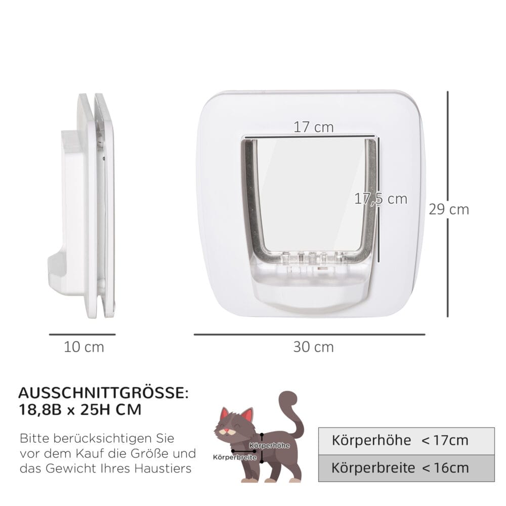 Katzenklappe mit 4 Verschlussoptionen und Magnetverschluss, ermöglicht Katzen freien Zugang und hält unerwünschte Tiere draussen.