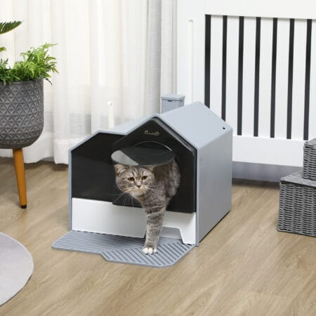 Weiss-graues Katzenklo mit Bodenwanne, Filter und Schaufel, für eine saubere und geruchsfreie Katzentoilette.