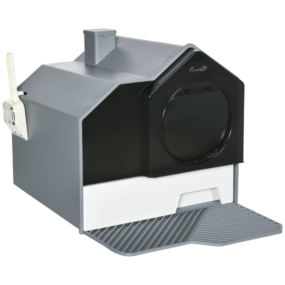 Weiss-graues Katzenklo mit Bodenwanne, Filter und Schaufel, für eine saubere und geruchsfreie Katzentoilette.