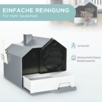 Weiss-graues Katzenklo mit Bodenwanne, Filter und Schaufel, für eine saubere und geruchsfreie Katzentoilette.