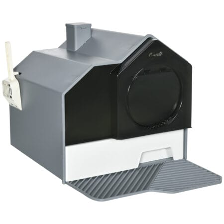 Weiss-graues Katzenklo mit Bodenwanne, Filter und Schaufel, für eine saubere und geruchsfreie Katzentoilette.