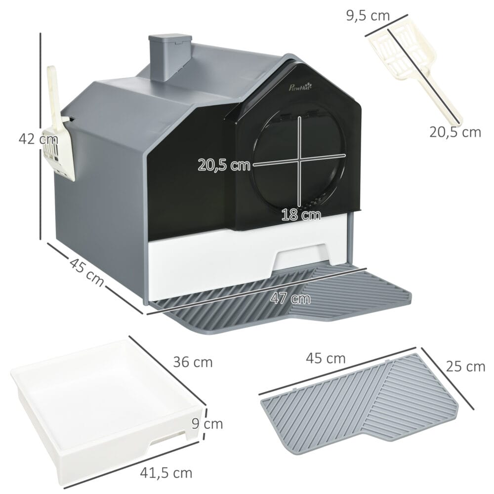 Weiss-graues Katzenklo mit Bodenwanne, Filter und Schaufel, für eine saubere und geruchsfreie Katzentoilette.