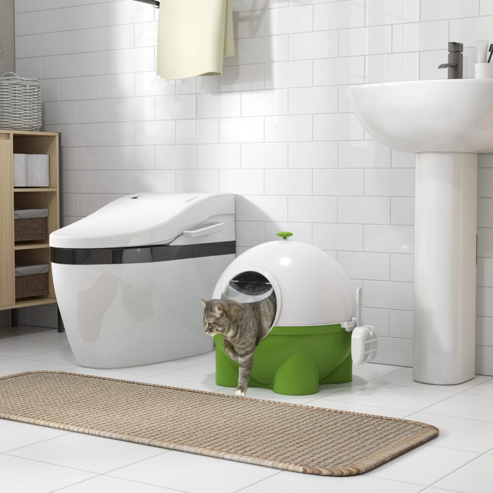 Grün-weisses Katzenklo mit Deckel, ideal für den Innenbereich, sorgt für hygienische Sauberkeit.
