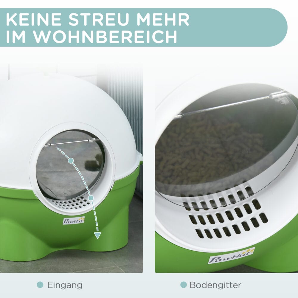 Grün-weisses Katzenklo mit Deckel, ideal für den Innenbereich, sorgt für hygienische Sauberkeit.