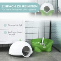 Grün-weisses Katzenklo mit Deckel, ideal für den Innenbereich, sorgt für hygienische Sauberkeit.