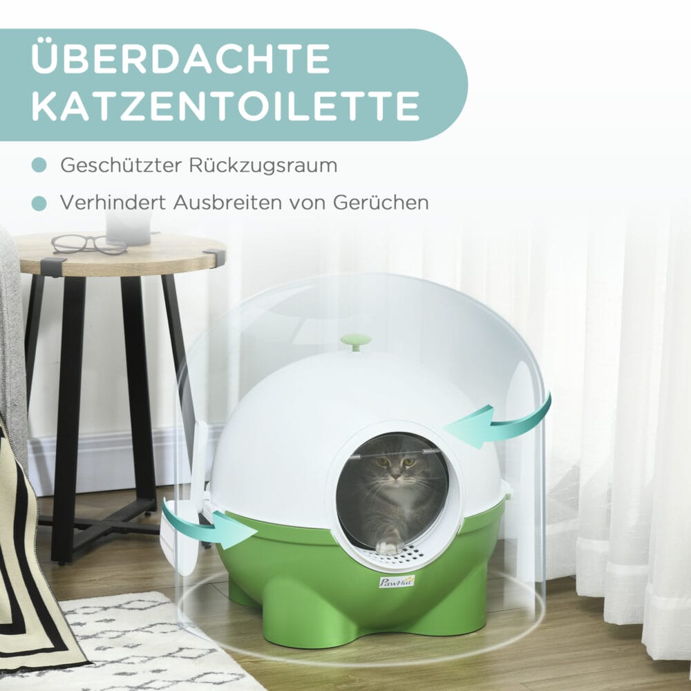 Grün-weisses Katzenklo mit Deckel, ideal für den Innenbereich, sorgt für hygienische Sauberkeit.
